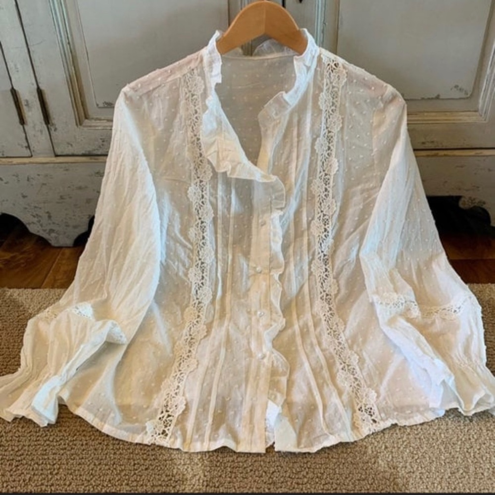 New Swiss Dot Cotton Lace Long Sleeve Button Front Romantic Blouse Top Blouse - Picture 3 of 7